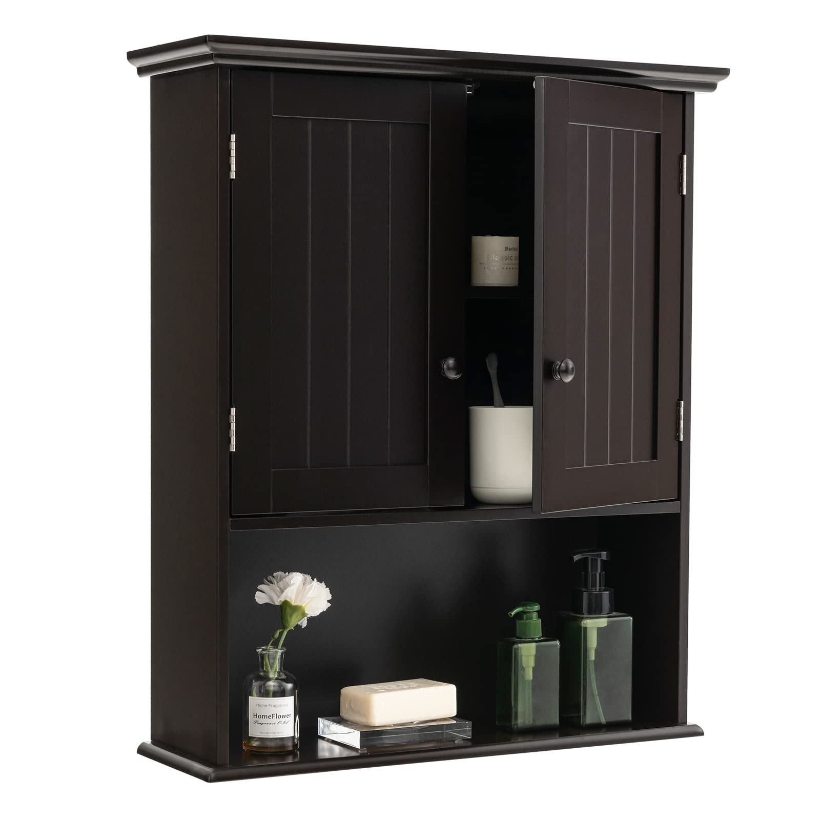 LOKO Bathroom Wall Cabinet, Double Door Medicine Cabinet with Open Compartment & Adjustable Shelf, Wall Mounted Storage Cabinet for Bathroom, Living Room or Entryway (Espresso)