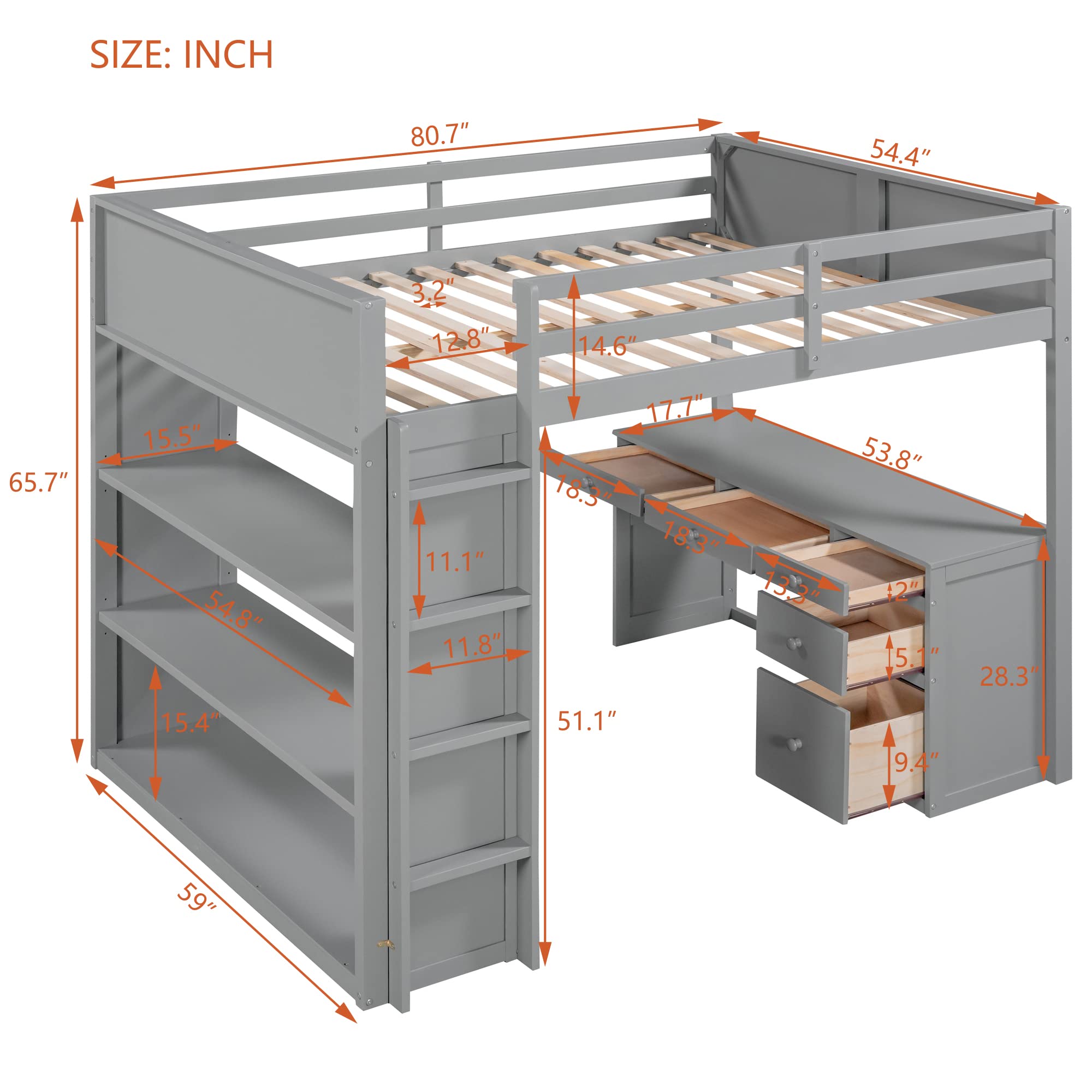 CITYLIGHT Full Loft Bed with Desk and Shelves,Wooden Full Size Loft Bed with Desk and Storage Drawers, Space Saving Loft Bed Full for Kids Girls Boys (Full,Grey)