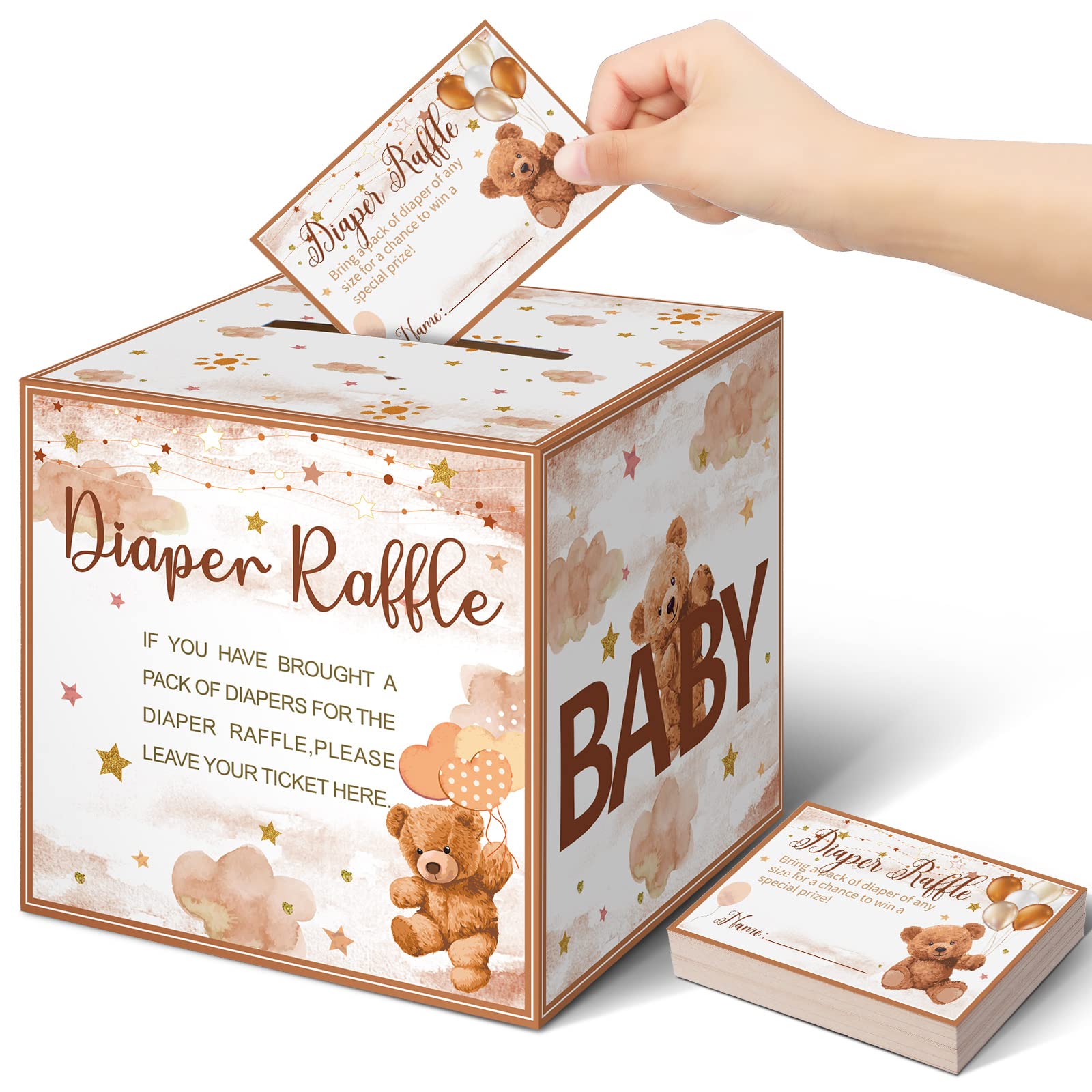 Fuutreo 51 Pcs Diaper Raffle Box with Tickets for Baby Shower Box Balloon Themed Baby Shower Decorations Baby Shower Holder for Diaper Raffle Party(Bear)