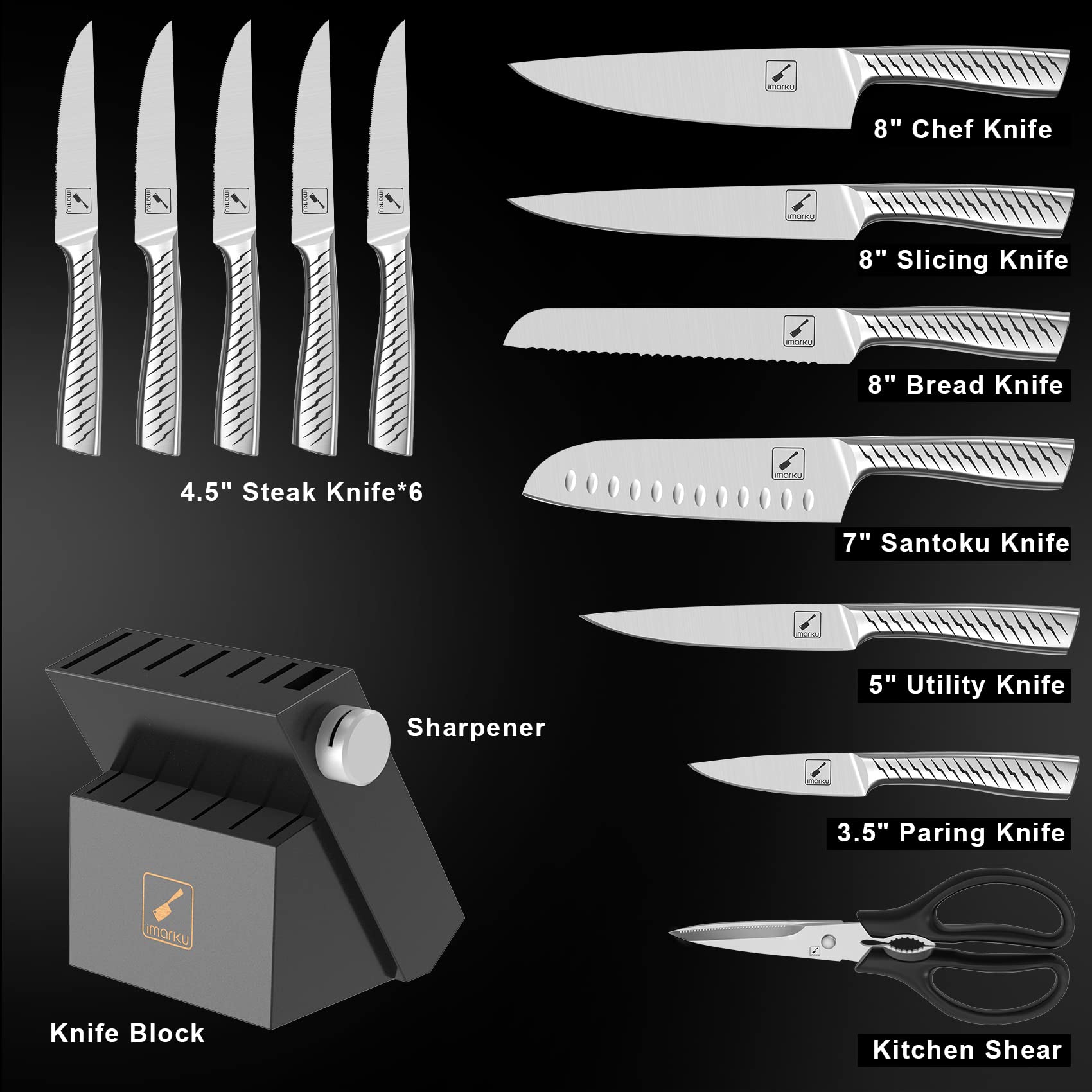 imarku Knife Set, 14PCS Knife Sets for kitchen with block, One-Piece Kitchen Knife Set with Built-in Sharpener, Stainless Steel Chef Knife Set with Lightning Stripes Handle, Dishwasher Safe(Black)