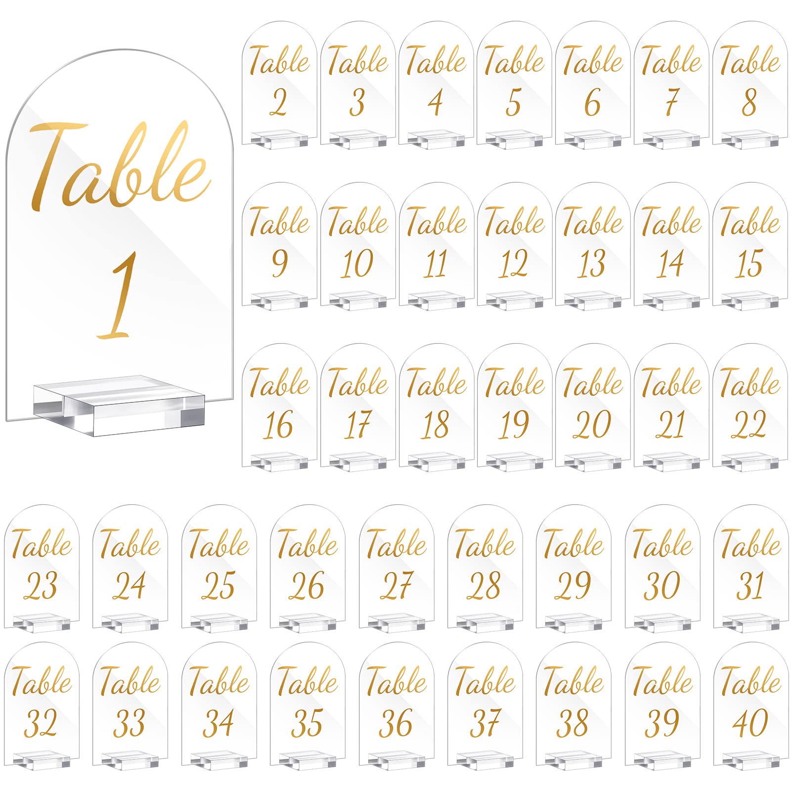 Qunclay 40 Pack 4 x 6 Inch Gold Acrylic Wedding Table Number 1-40 Clear Wedding Table Stand with Numbers Calligraphy Table Number Holders Table Signs for Wedding Reception Centerpieces Decorations