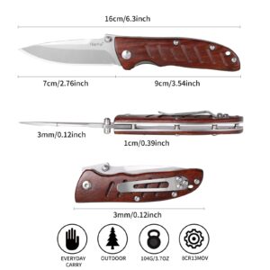 Harita Pocket Knife Folding Knife EDC, Wood Handle Thumb Stub with Pocket Clip, Stainless Steel Blades, 2.76 inch 8Cr13MoV Steel Blade, Foldable Camping Finishing Survival Hunting for Men Women RoseWood Handle