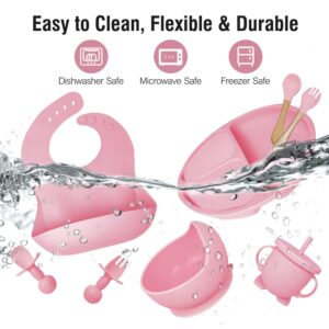 Hoidokly Baby Feeding Set, 8 Pcs Silicone Baby Led Weaning Supplies Includes Cup Baby Plate, Bowl, Adjustable Bib, Cup, Spoon and Fork,BPA Free Baby Weaning Utensils Set for 6+ Months-Pink