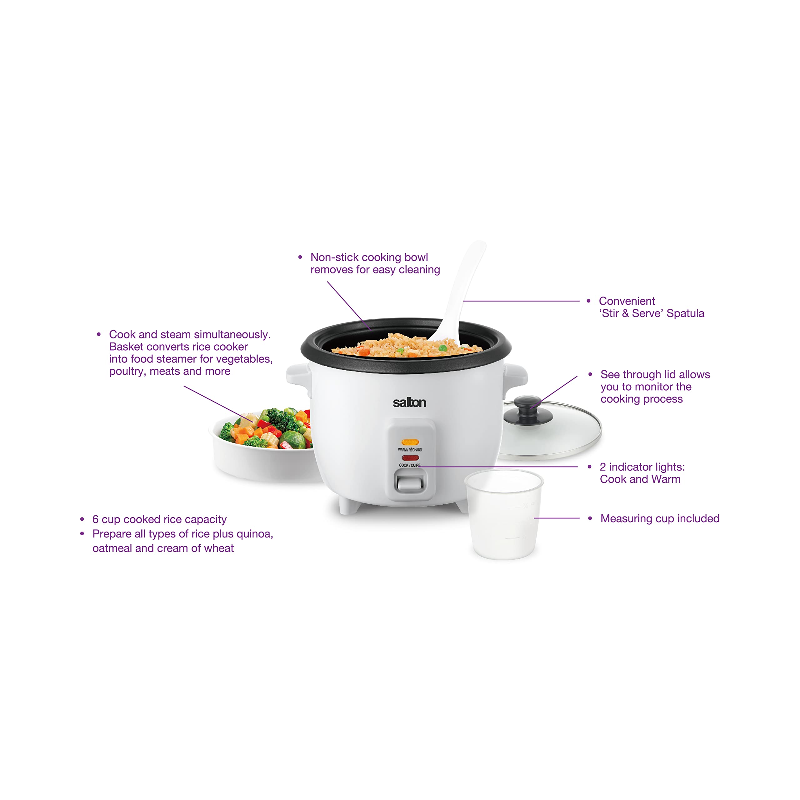 Salton 6 Cup Automatic Rice Cooker with Bonus Food Steaming Basket, Measuring Cup & Spatula, Removable Non-Stick Cooking Bowl for Quinoa, Oatmeal and More, White (RC2104WH)