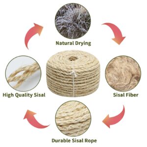 Natural Sisal Rope 1/4 Inch by 164-Feet for Cat Scratching Post Tree Tower Replacement Repair and Replace, Hemp Twine Rope for Kittens Shelves Furniture Window Bed Perch House Climbing, 6mm by 50m