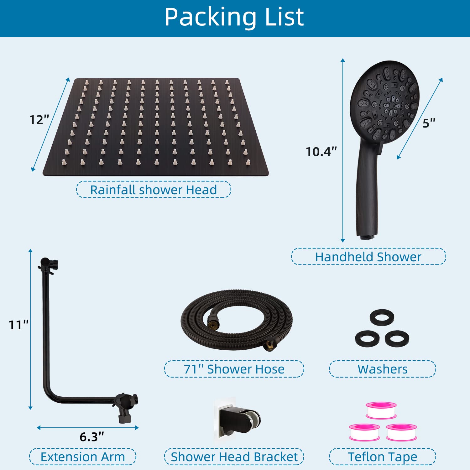 12" High Pressure Rainfall Shower Head All Metal 7-Spray Handheld Showerhead Combo with 11" Adjustable Shower Extension Arm, 71" Hose, Adhesive Shower Head Holder, Oil Rubbed Bronze