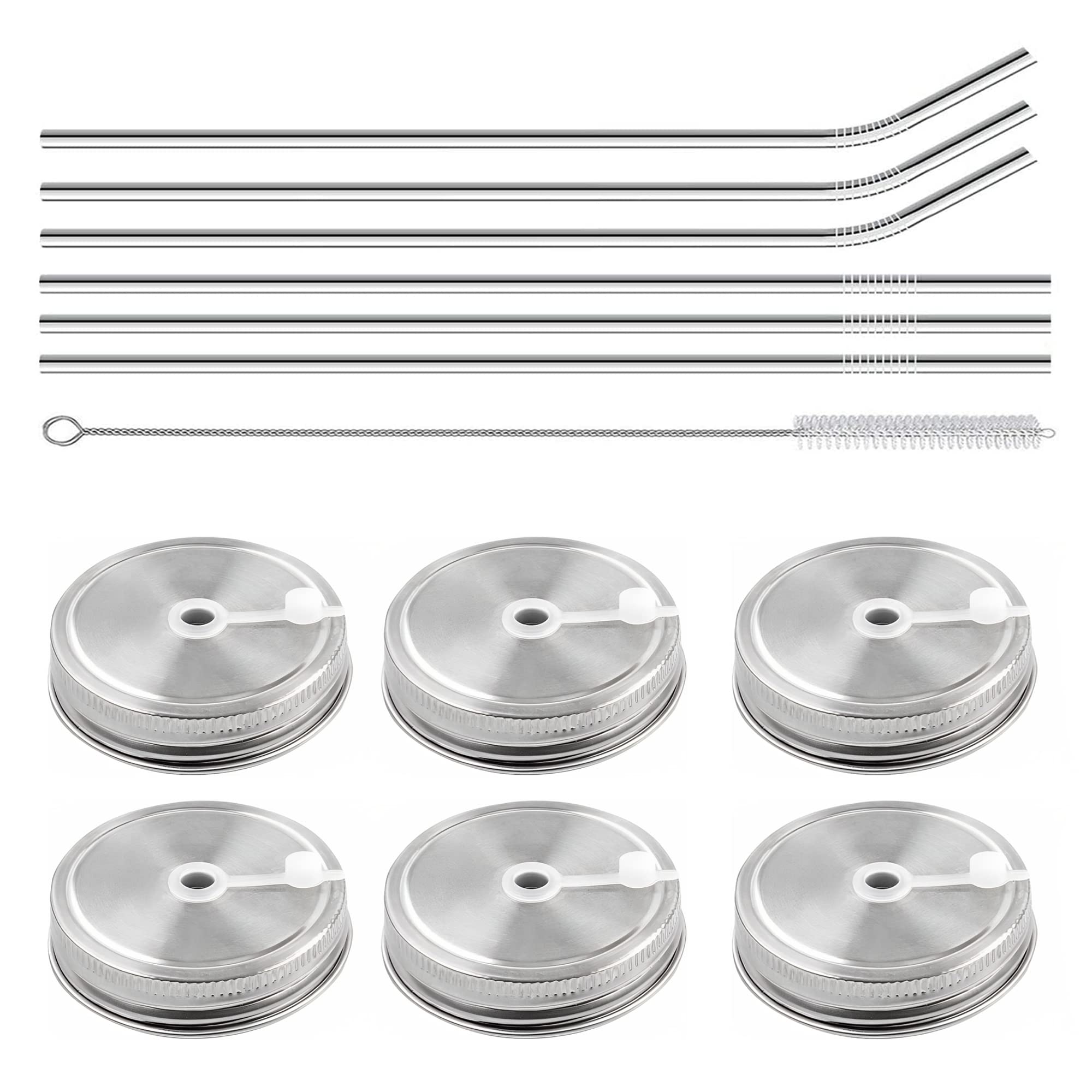 6pcs pack wide mouth mason jar lids with straw hole, including 6pcs straws and 1pcs cleaning brush, Mason Jar Lids With Straw Hole, Mason Jar Lids, stainless steel 304 Mason Jar Straw Lids