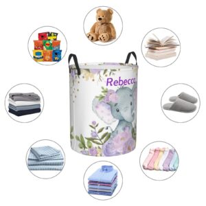 Purple Floral Elephant Personalized Laundry Hamper Custom with Name Collapsible Waterproof Storage Basket with Handles for Bedroom Clothes Toys.