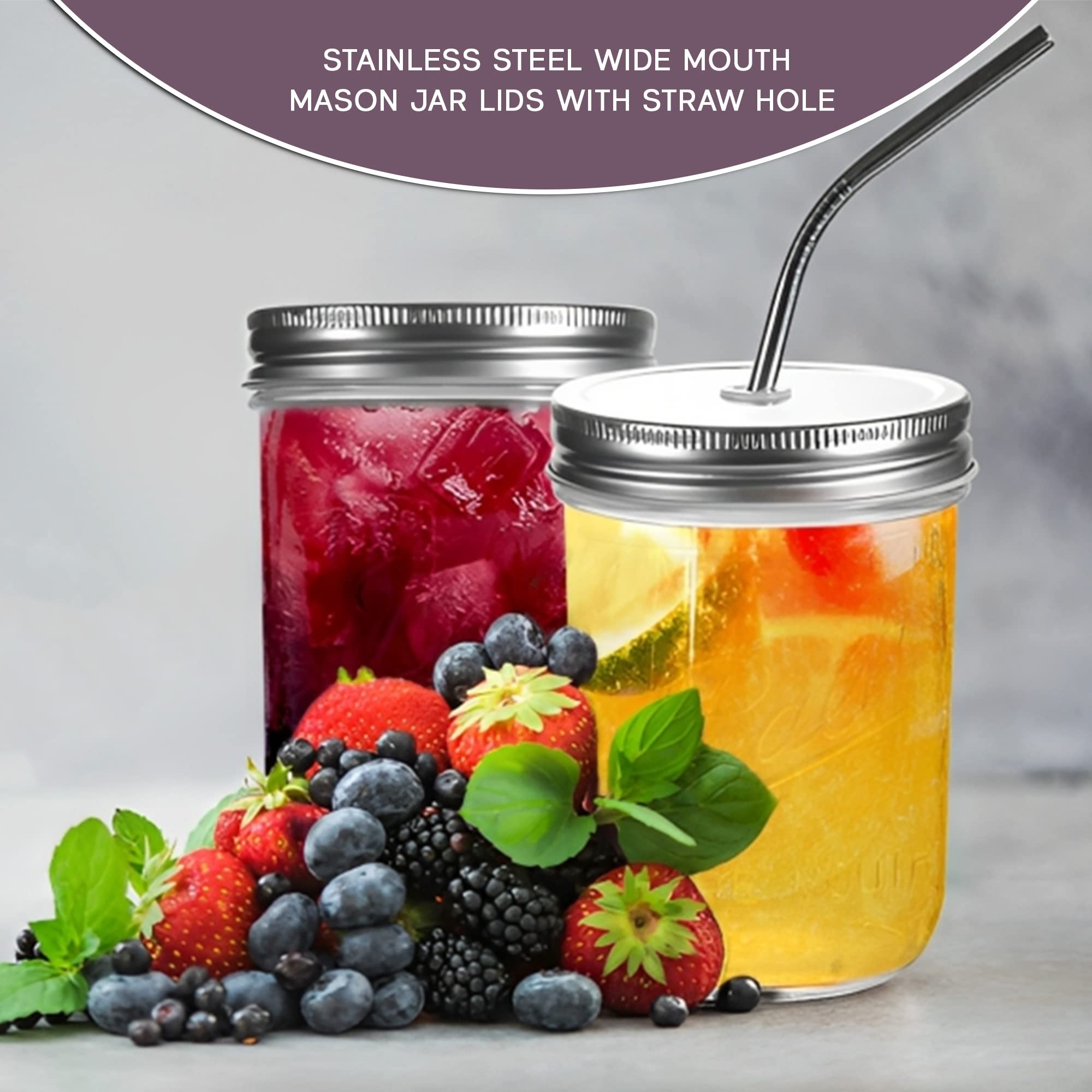 6pcs pack wide mouth mason jar lids with straw hole, including 6pcs straws and 1pcs cleaning brush, Mason Jar Lids With Straw Hole, Mason Jar Lids, stainless steel 304 Mason Jar Straw Lids