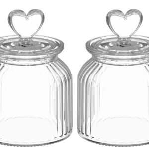 HomeyHoney 22 oz Clear Glass Canister with Cute Heart shaped Lids Set, Food Storage Glass Jars with Airtight Lids for Kitchen and Dining Room, Stripe/Set of 2