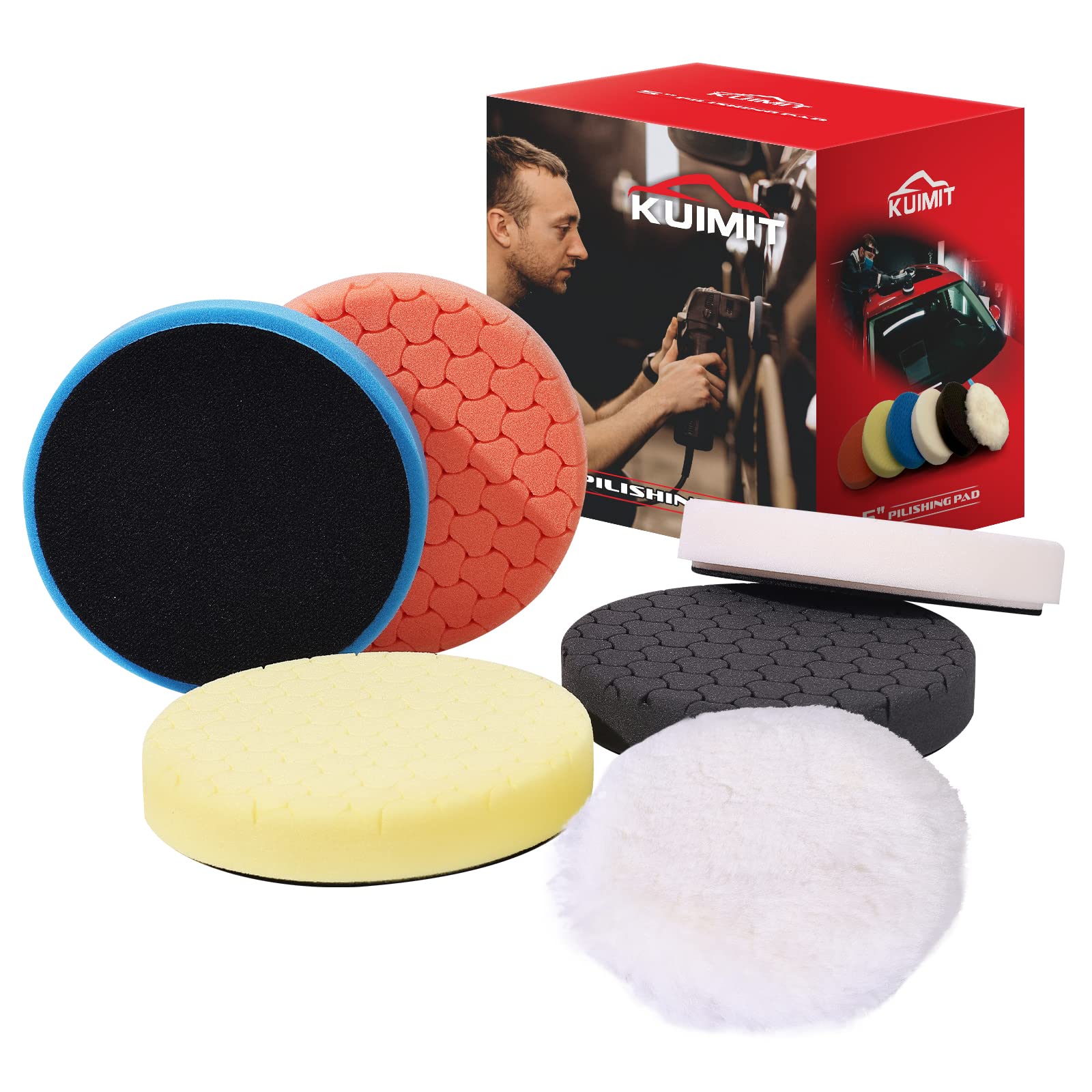 KUIMIT 6" Buffing Polishing Pads, 6Pcs 6.5inch 150mm for 6 Inch Backing Plate, Compound Buffing Sponge Pads and Woolen Pads Cutting Polishing Pad Kit for Car Buffer Polisher (Honeycomb Structure)