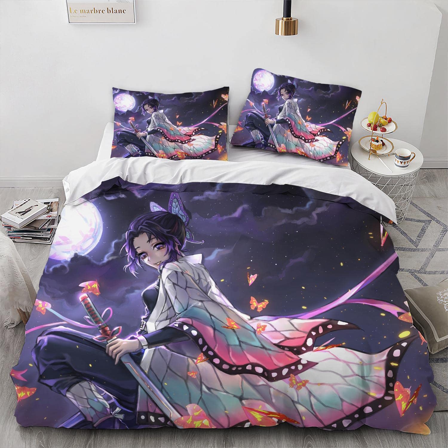 NICHIYOBI Devil Slayer Butterfly Anime Girl Kochou Duvet Cover Set 3D Bedding Comforter Cover 3 Pcs (1 Duvet Cover+2 Pillowcases) Bedding Set (03,Full-80x90in+20x30in*2)