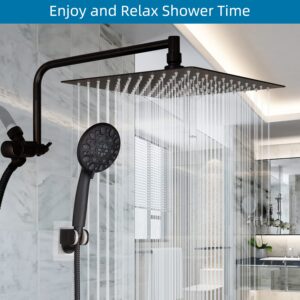 12" High Pressure Rainfall Shower Head All Metal 7-Spray Handheld Showerhead Combo with 11" Adjustable Shower Extension Arm, 71" Hose, Adhesive Shower Head Holder, Oil Rubbed Bronze