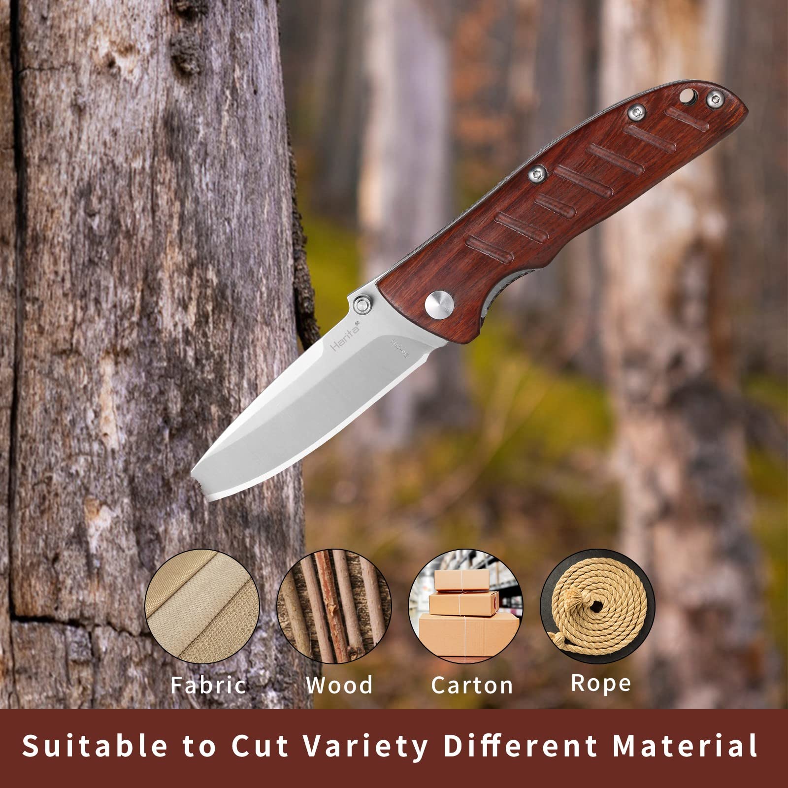 Harita Pocket Knife Folding Knife EDC, Wood Handle Thumb Stub with Pocket Clip, Stainless Steel Blades, 2.76 inch 8Cr13MoV Steel Blade, Foldable Camping Finishing Survival Hunting for Men Women RoseWood Handle