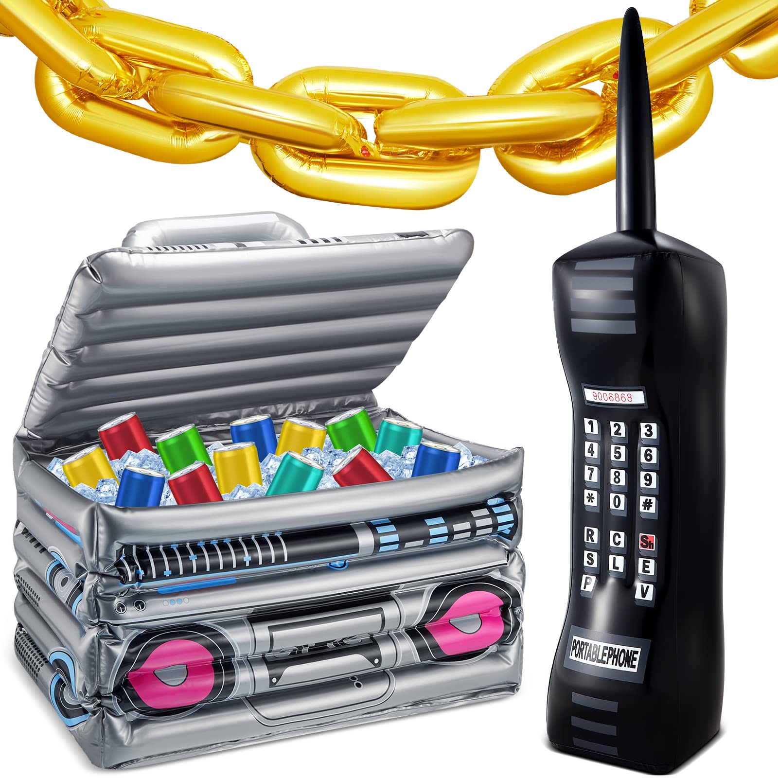 22 Pieces Inflatable Boom Box Beverage Inflatable Cooler Inflatable Mobile Phone and 16 Inch Gold Inflatable Foil Chain Balloons 80s 90s Party Decorations Graduation Cosplay Hip Hop Party Decoration