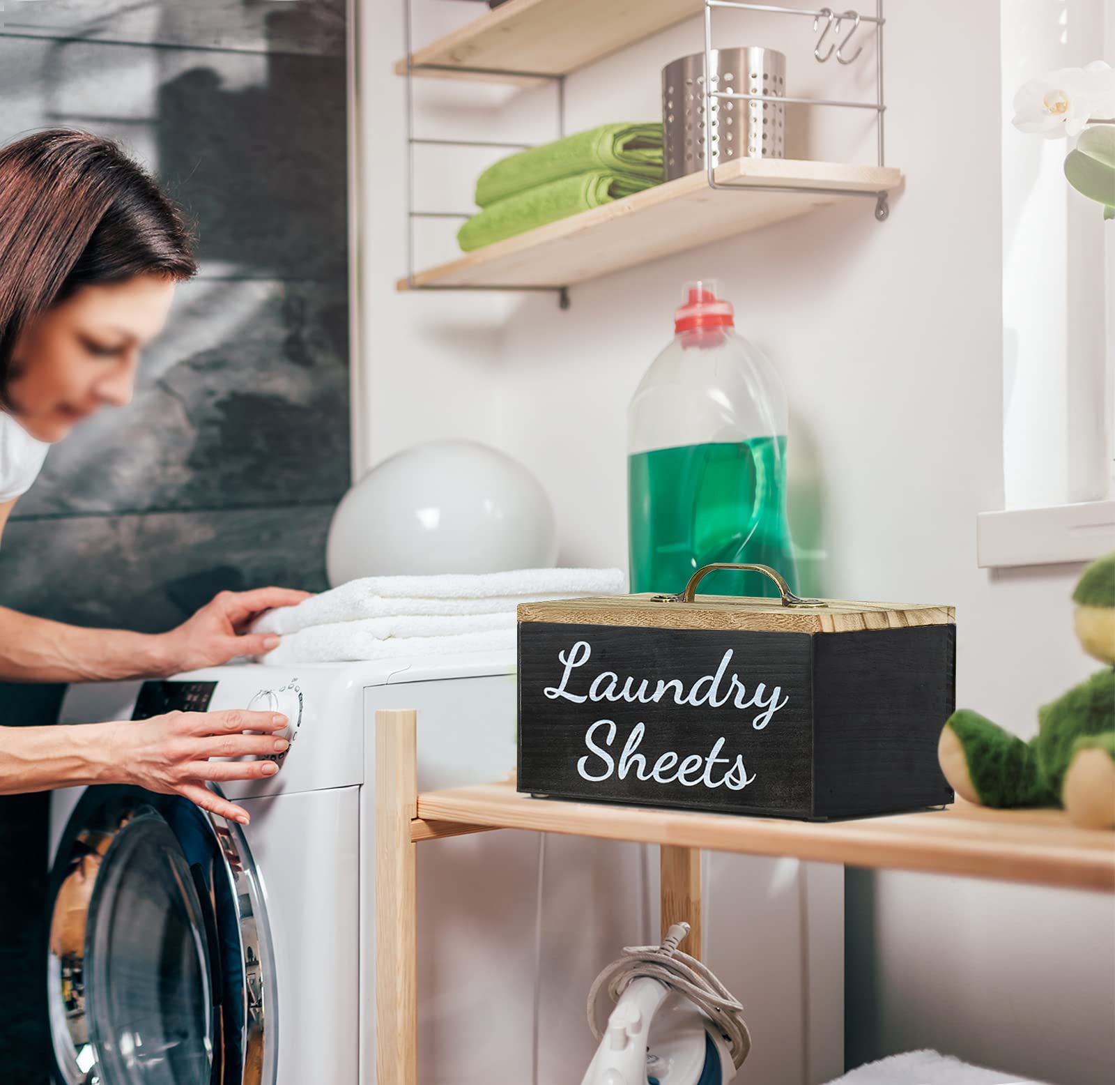 Laundry Dryer Sheet Dispenser Dryer Sheets Holder with Lid for Laundry Room Decor, Wooden Fabric Softener Dispenser Detergent Holder, Dryer Sheet Container for Laundry Room Organization Storage