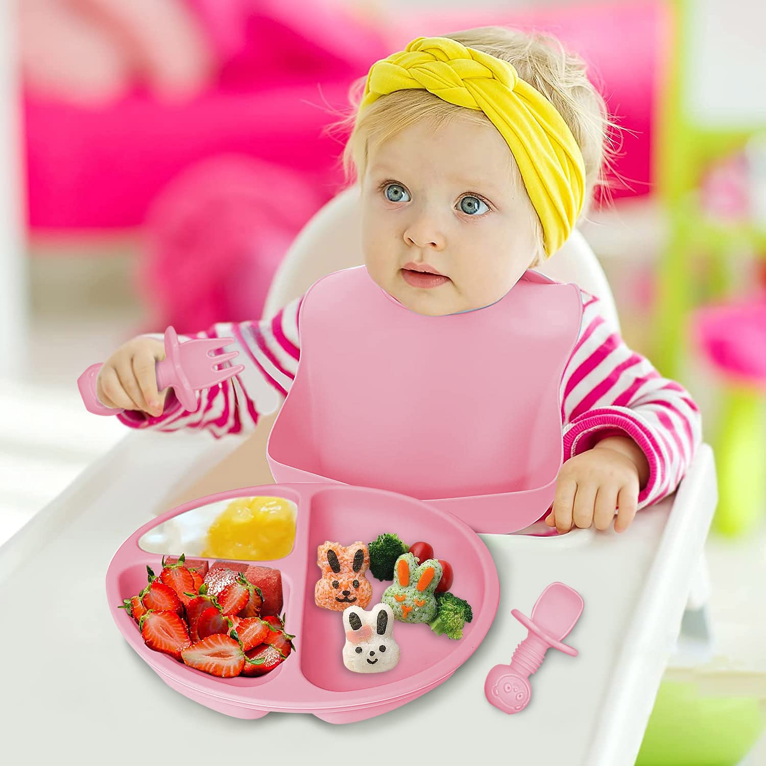 Hoidokly Baby Feeding Set, 8 Pcs Silicone Baby Led Weaning Supplies Includes Cup Baby Plate, Bowl, Adjustable Bib, Cup, Spoon and Fork,BPA Free Baby Weaning Utensils Set for 6+ Months-Pink