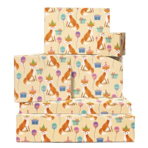 central 23 kids wrapping paper - 6 sheets of gift wrap - birthday fox - for baby boys or girls - woodland - comes with stickers - recyclable