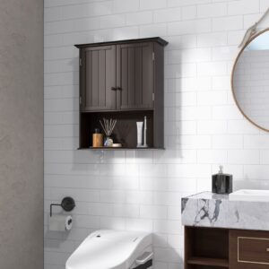 LOKO Bathroom Wall Cabinet, Double Door Medicine Cabinet with Open Compartment & Adjustable Shelf, Wall Mounted Storage Cabinet for Bathroom, Living Room or Entryway (Espresso)