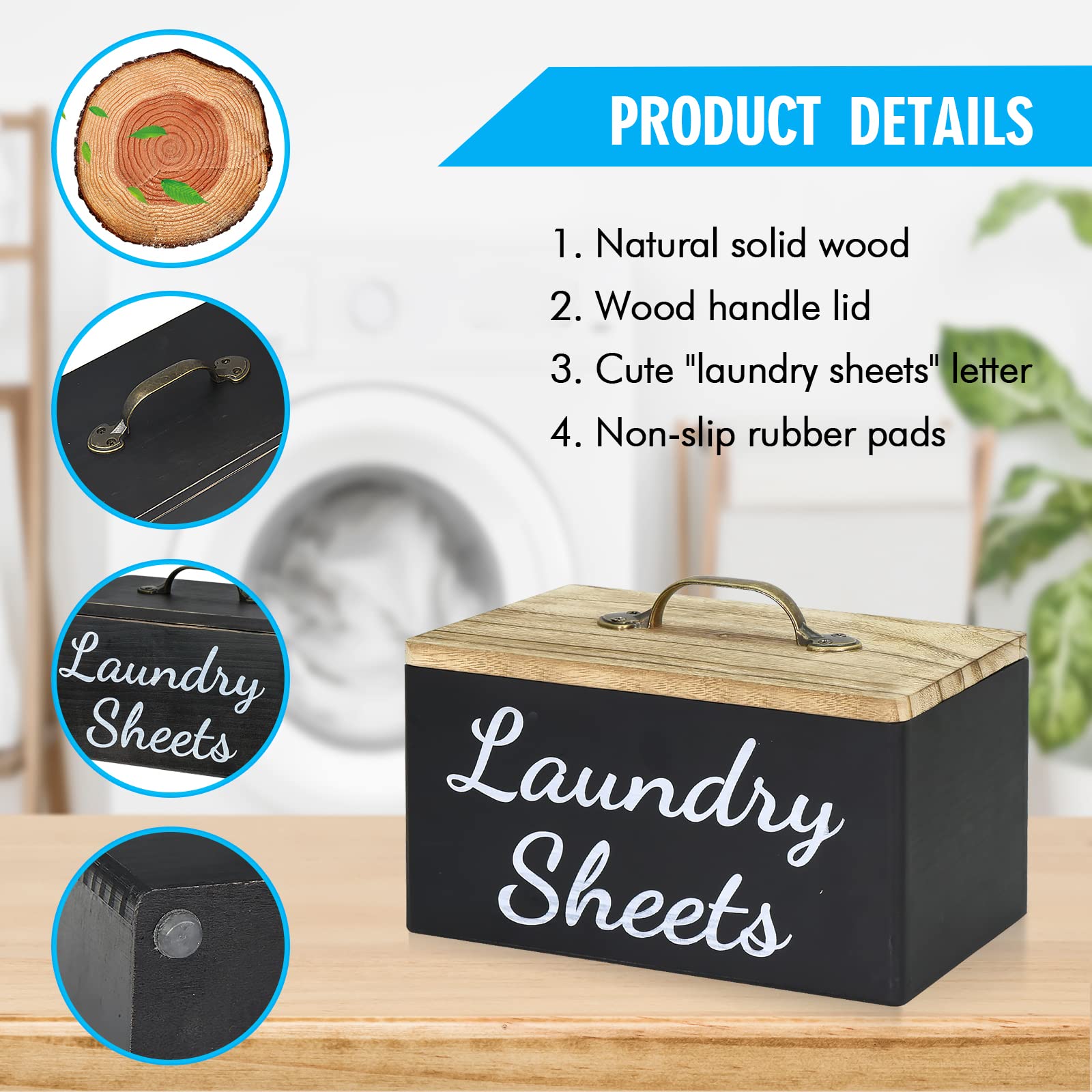 Laundry Dryer Sheet Dispenser Dryer Sheets Holder with Lid for Laundry Room Decor, Wooden Fabric Softener Dispenser Detergent Holder, Dryer Sheet Container for Laundry Room Organization Storage