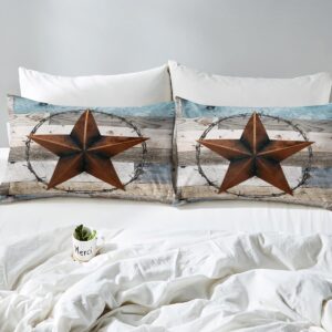 Western Texas Star Kids Duvet Cover Set King Size,Old Wooden Plank Barn Retro Bedding Set,Girls Boys Adults Room Decor,Cowboy Rustic Farmhouse Comforter Cover,Blue Brown Quilt Cover,2 Pillowcases