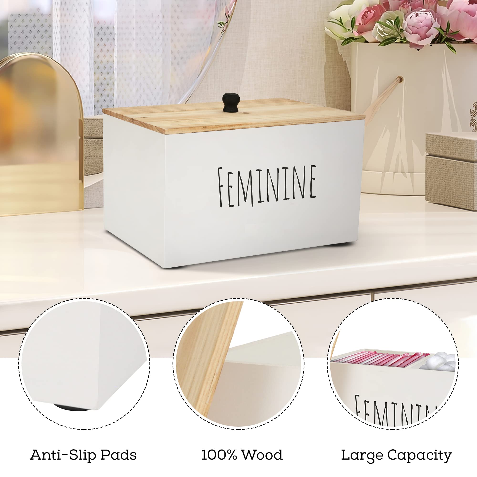 Bliss by Home Tampon Holder Storage for bathroom, Feminine Wood Container Box, Women Product Organizer, Farmhouse Décor, Pad Storage Container Box, Rustic Accessories (white)