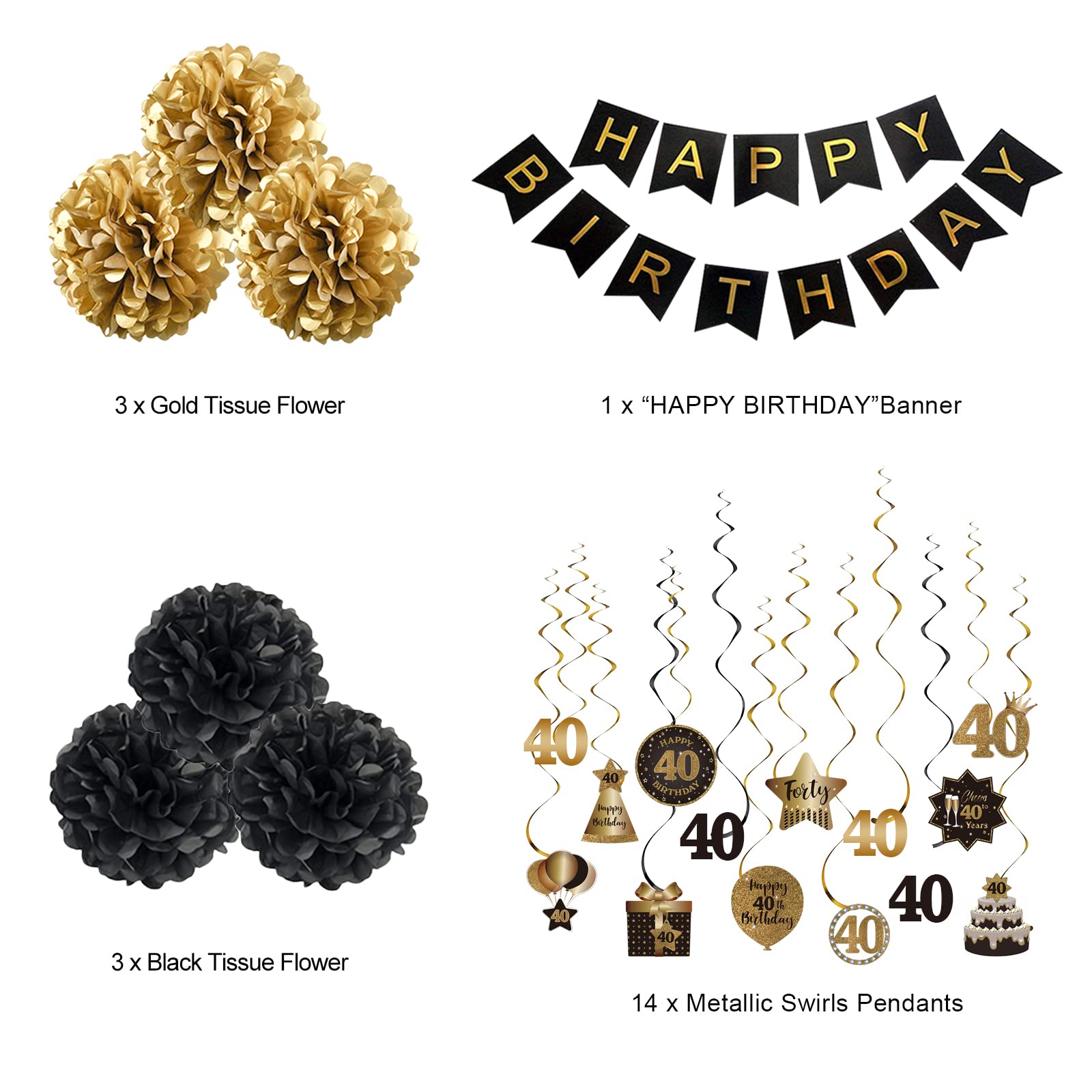 BRT Bearingshui Happy 40th Birthday Hanging Swirls Streamers Decoration Set, Happy Birthday Banner with Tissue Pompoms, Black and Gold 40 Years Old Birthday Party Hanging Backdrop Decorations