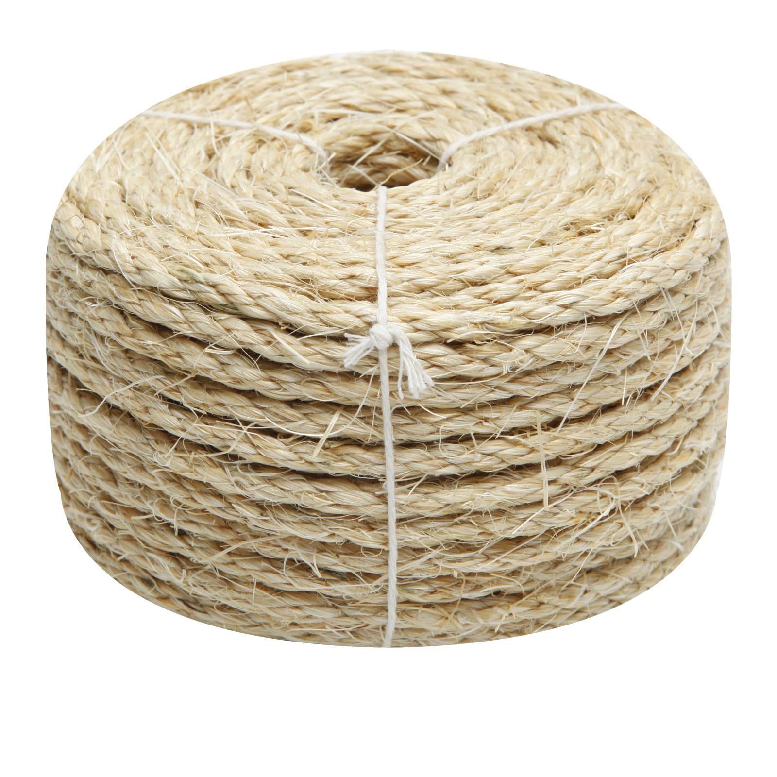 Natural Sisal Rope 1/4 Inch by 164-Feet for Cat Scratching Post Tree Tower Replacement Repair and Replace, Hemp Twine Rope for Kittens Shelves Furniture Window Bed Perch House Climbing, 6mm by 50m