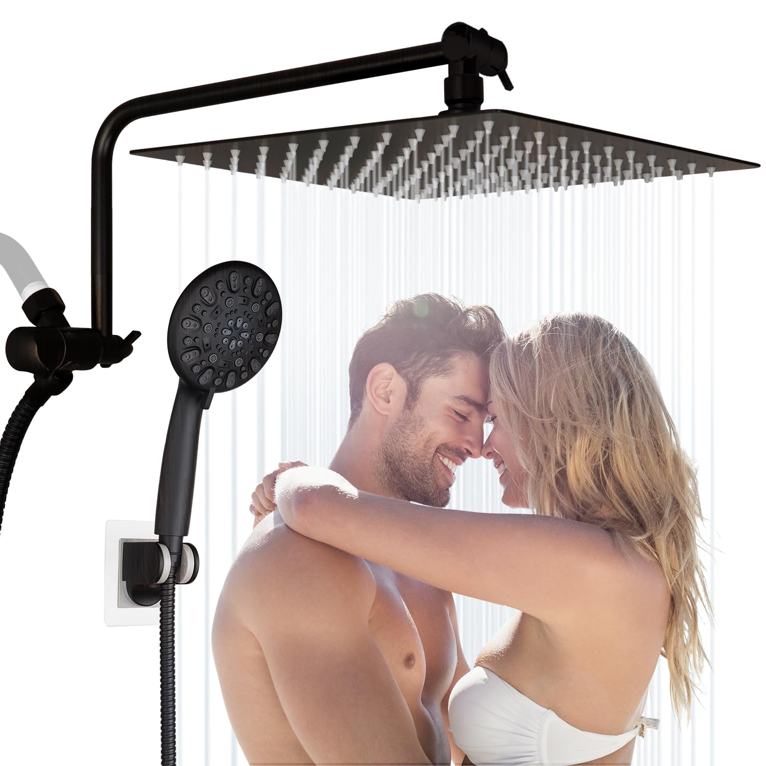 12" High Pressure Rainfall Shower Head All Metal 7-Spray Handheld Showerhead Combo with 11" Adjustable Shower Extension Arm, 71" Hose, Adhesive Shower Head Holder, Oil Rubbed Bronze