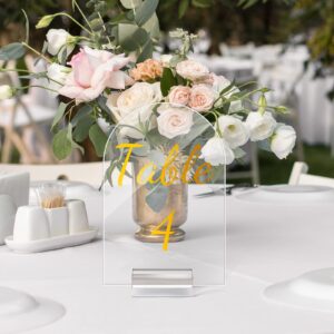 Qunclay 40 Pack 4 x 6 Inch Gold Acrylic Wedding Table Number 1-40 Clear Wedding Table Stand with Numbers Calligraphy Table Number Holders Table Signs for Wedding Reception Centerpieces Decorations