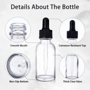 Comrzor 48 Pack 1oz Clear Glass Bottles with Glass Eye Droppers for Essential Oils, Perfumes & Lab Chemicals (Brush, Funnels, 2 Extra Droppers, 54 Pieces Labels & 30ml Measuring Cup Included)