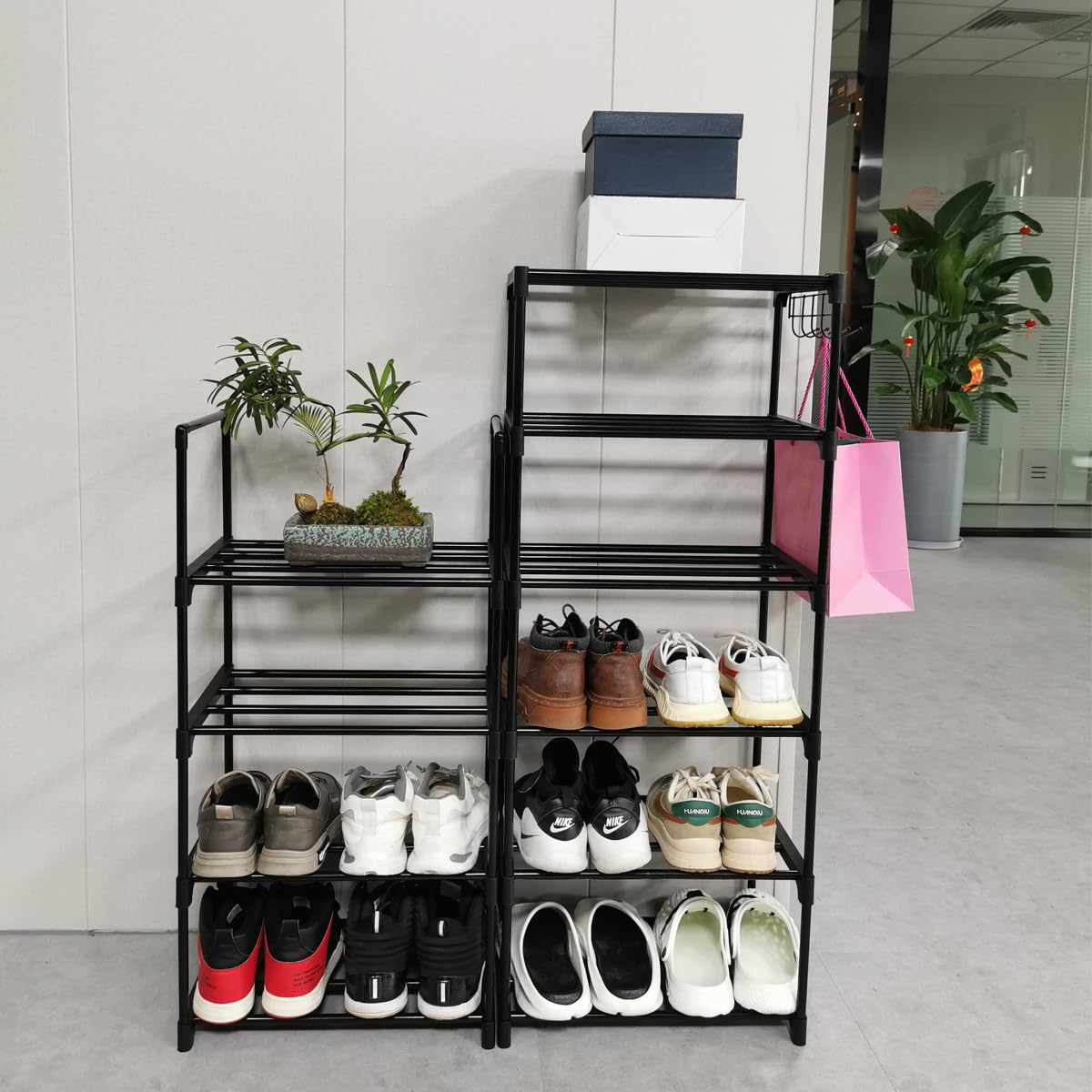 ZILJJ Metal Shoe Rack 10 Tiers Tall Narrow Shoe Rack for Closet Entryway, Space Saving Shoe Shelf Organzier Storage for 20-24 Pairs, Sturdy Stackable Shoe Rack with Hooks