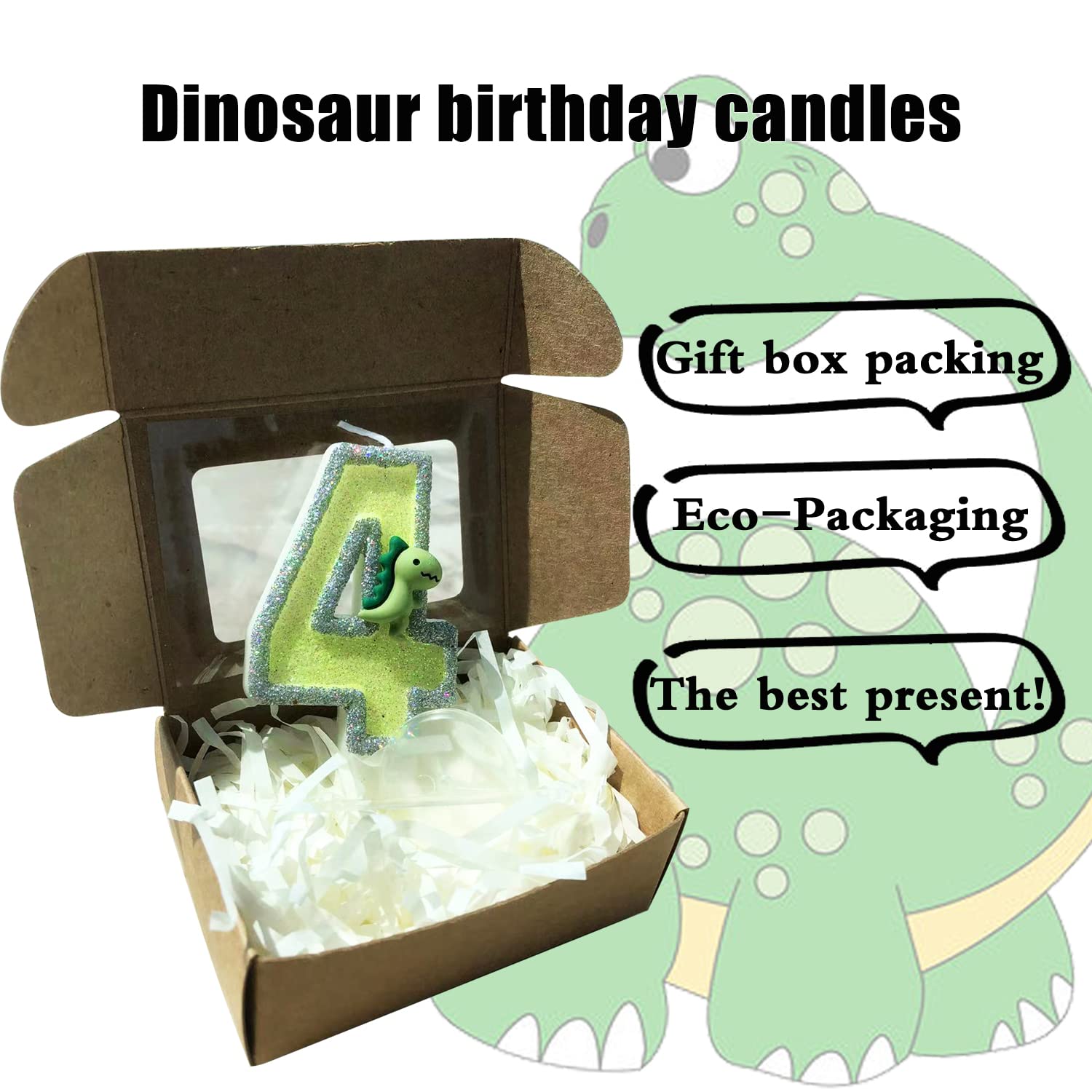 Dinosaur Number 4 Birthday Candle Glitter 3D Design Cake Topper Decoration Happy Birthday Cake Candles for Green Animal Theme…