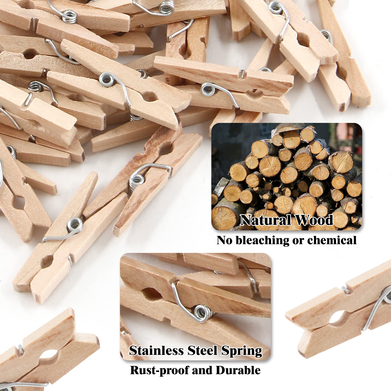 Rierdge 100 Pcs Wooden Clothespins, 1.22" Sturdy Natural Wooden Craft Peg Pins Clips for Hanging Photos, Paper Crafts