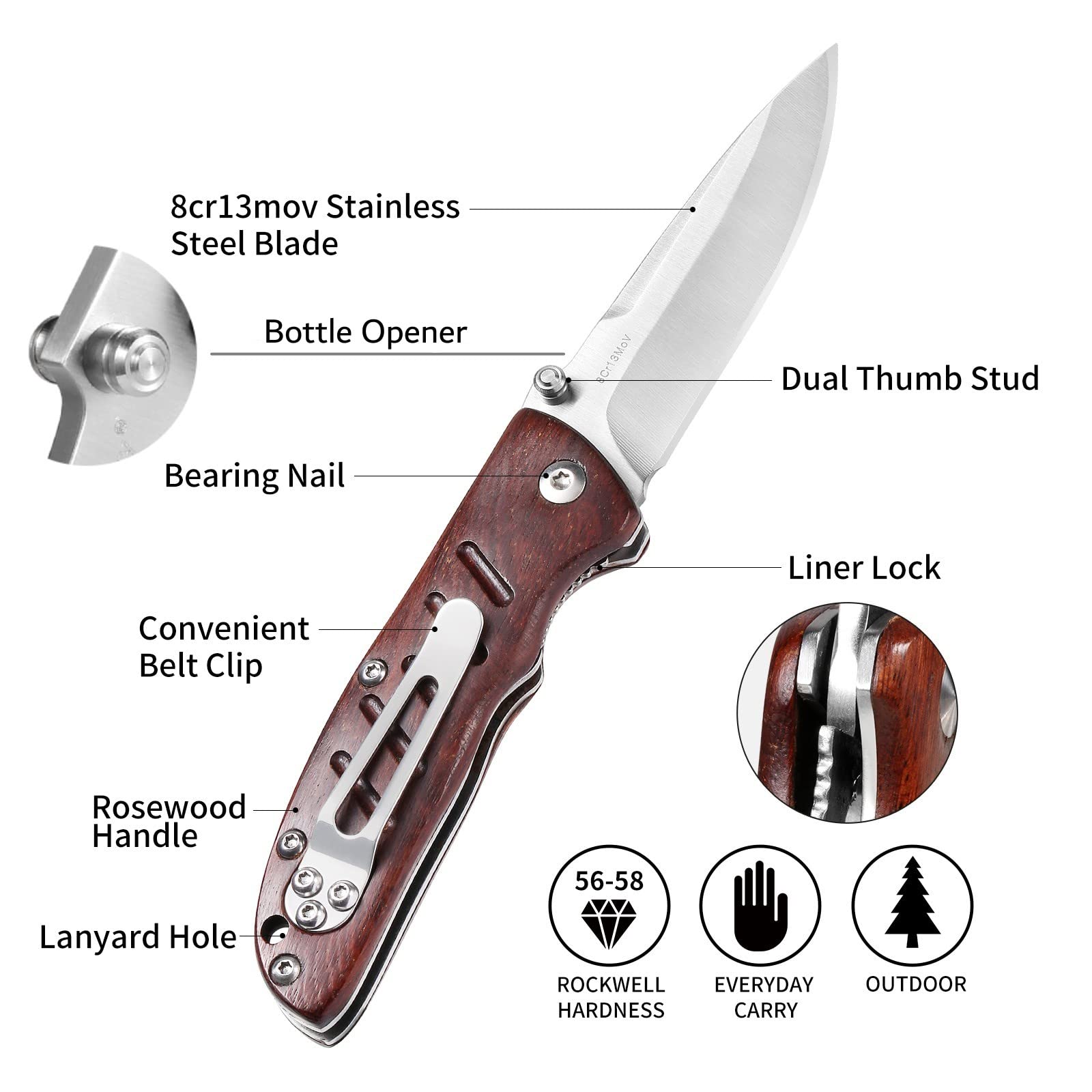 Harita Pocket Knife Folding Knife EDC, Wood Handle Thumb Stub with Pocket Clip, Stainless Steel Blades, 2.76 inch 8Cr13MoV Steel Blade, Foldable Camping Finishing Survival Hunting for Men Women RoseWood Handle