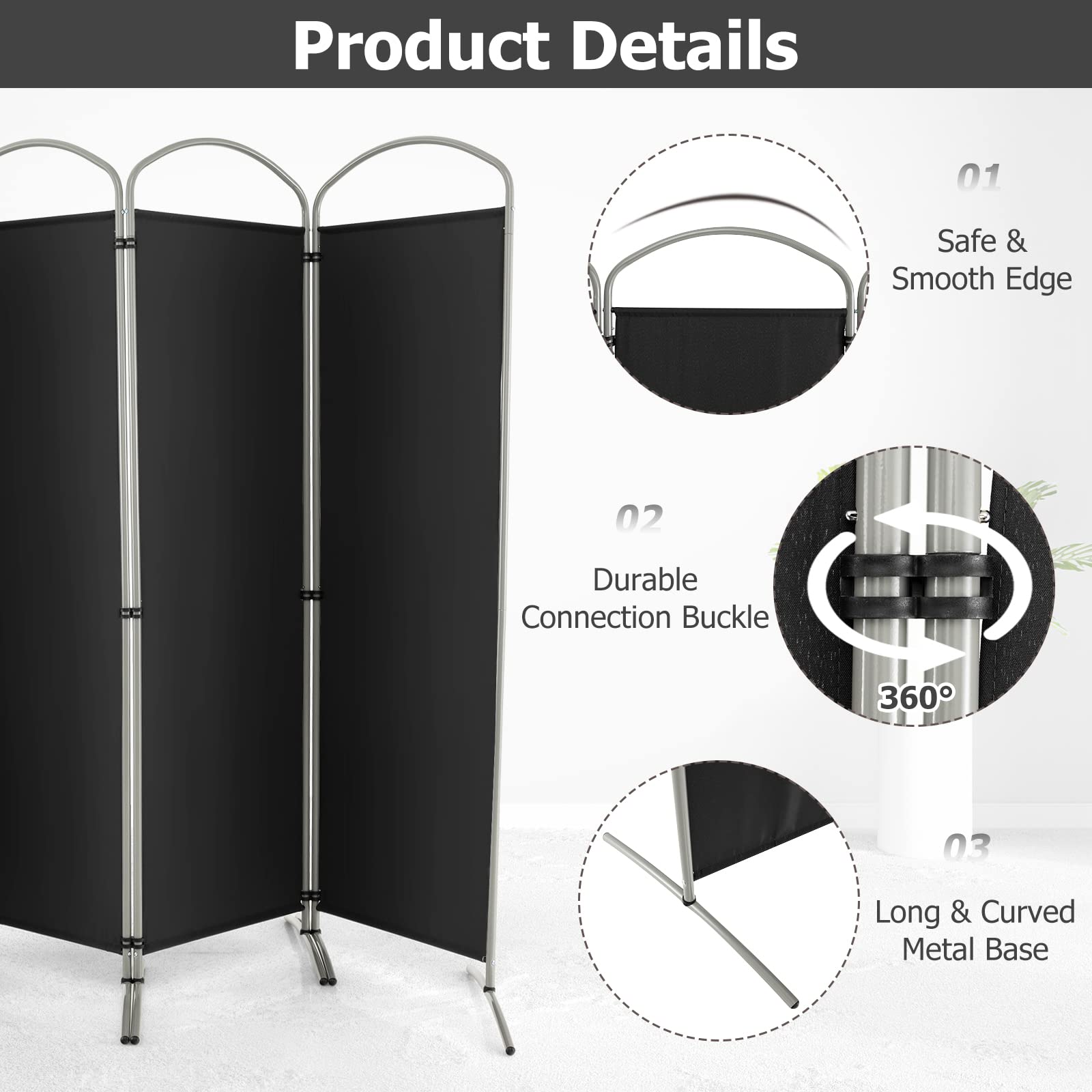 GOFLAME 4 Panels Room Divider, 6 Ft Folding Privacy Screen with Stable Metal Frame, Freestanding Fabric Wall Divider and Separator, Portable Room Partition Screen for Home Office Hospital, White