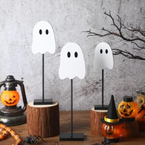 Chitidr 3 Pcs Halloween Standing Table Decor Wood Tiered Tray Table Decorations Ghost Table Centerpiece Tall Block Sign Set for Halloween Party Home (White)