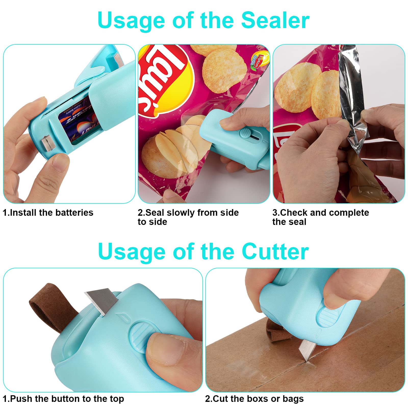 Mini Bag Sealer, Kenossion Chip Bag Sealer - Bag Sealer Heat Seal with Cutter & Magnet, Portable Mini Sealing Machine to Reseal Plastic Bags & Keep Snacks Fresh-White(2xAA Batteries Included)