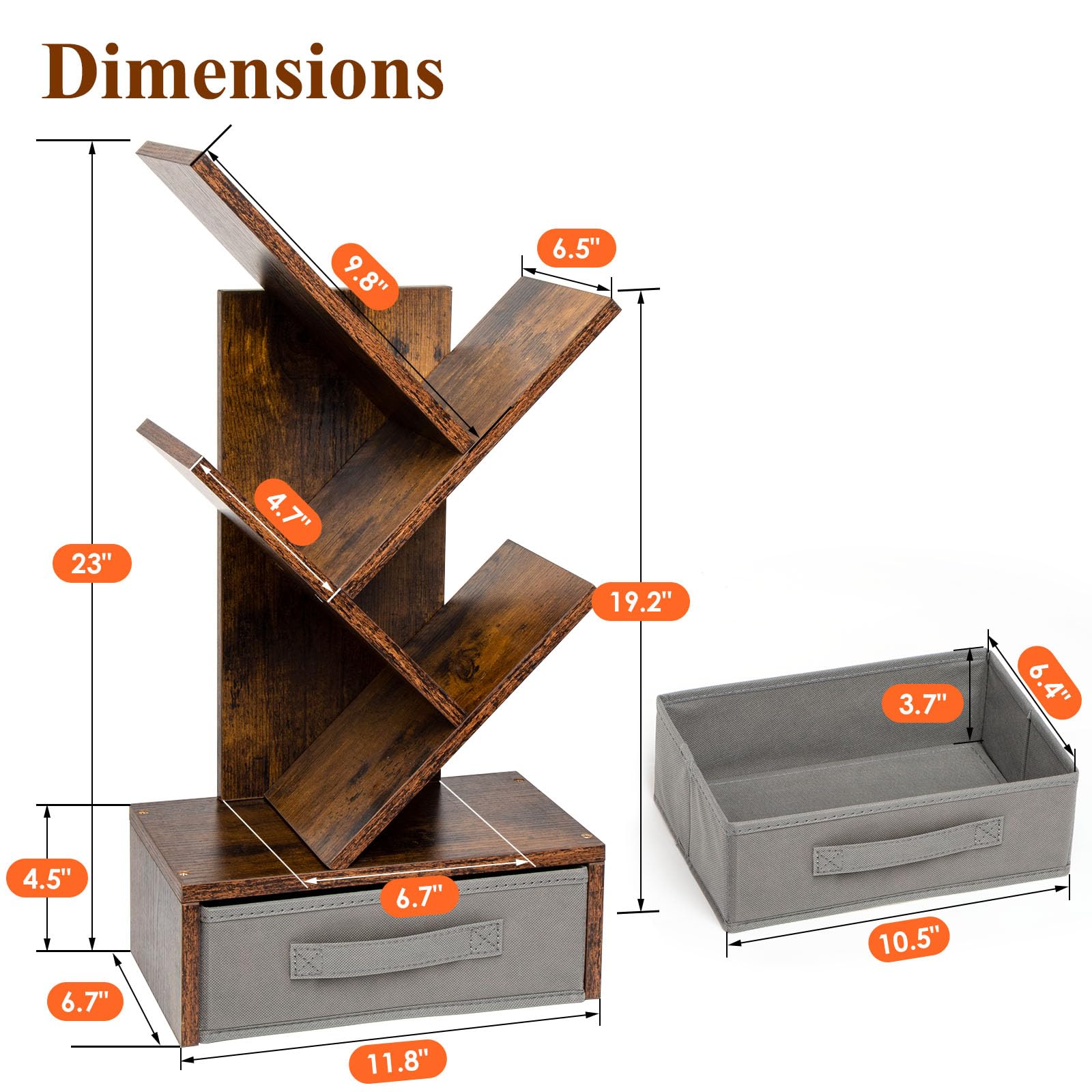 3 Tier Tree Bookshelf with Drawer, 23" H x 11.8" L x 6.7" W, Small Tree Tabletop Bookcase, Table Top Book Shelf for Living Room, Bedroom, Home Office, Rustic Brown