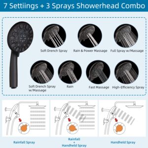 12" High Pressure Rainfall Shower Head All Metal 7-Spray Handheld Showerhead Combo with 11" Adjustable Shower Extension Arm, 71" Hose, Adhesive Shower Head Holder, Oil Rubbed Bronze