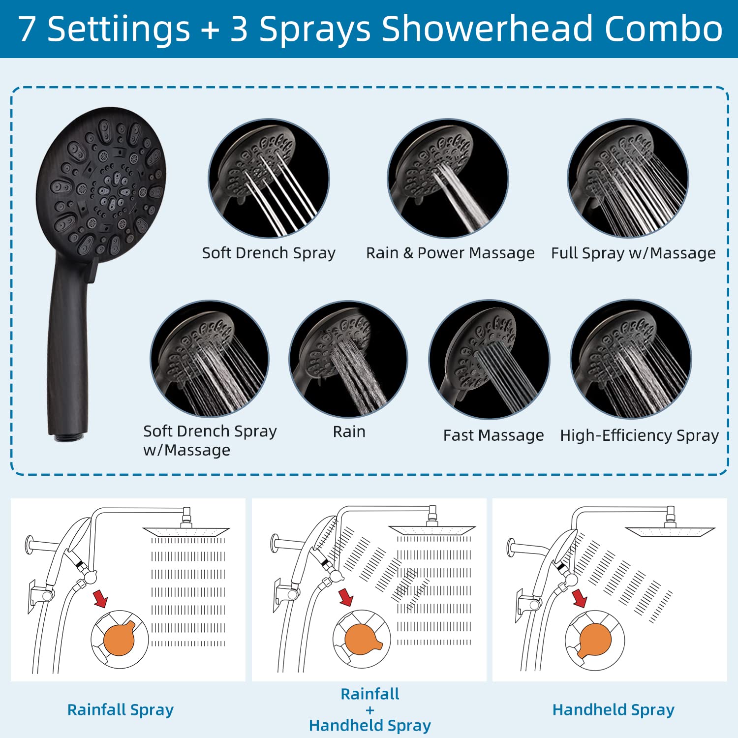 12" High Pressure Rainfall Shower Head All Metal 7-Spray Handheld Showerhead Combo with 11" Adjustable Shower Extension Arm, 71" Hose, Adhesive Shower Head Holder, Oil Rubbed Bronze