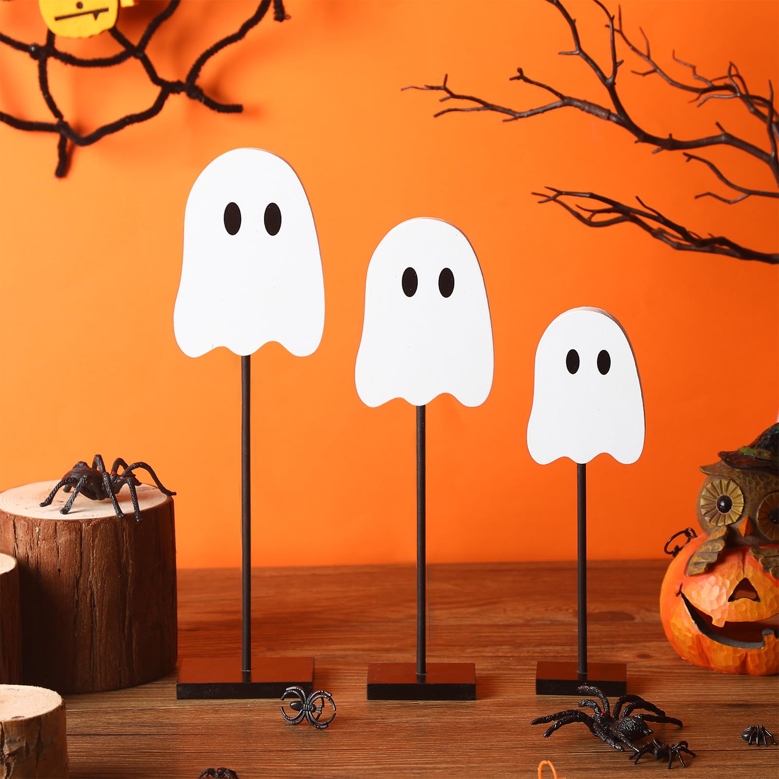 Chitidr 3 Pcs Halloween Standing Table Decor Wood Tiered Tray Table Decorations Ghost Table Centerpiece Tall Block Sign Set for Halloween Party Home (White)