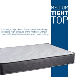 Treaton, 9-Inch Medium Firm Tight Top Pocket Coil Hybrid Mattress, Compatible with Adjustable Bed & Bunk Beds, Great for Institutional Use, 75" x 30", Black