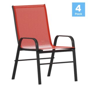 Merrick Lane Set of 4 Manado Series Patio Chairs - Red Flex Comfort Material - Powder Coated Metal Frame - Stack up to 4 High - Ships Fully Assembled