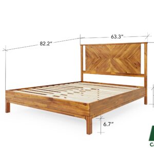 Bme Vivian 14 Inch Deluxe Bed Frame with Headboard, Rustic & Scandinavian Style with Solid Acacia Wood, No Box Spring Needed, 12 Strong Wood Slat Support, Easy Assembly, Queen, Rustic Golden Brown