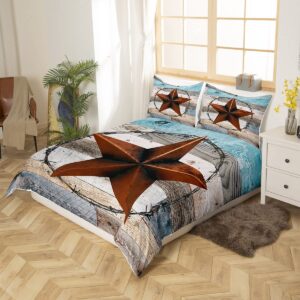 Western Texas Star Kids Duvet Cover Set King Size,Old Wooden Plank Barn Retro Bedding Set,Girls Boys Adults Room Decor,Cowboy Rustic Farmhouse Comforter Cover,Blue Brown Quilt Cover,2 Pillowcases