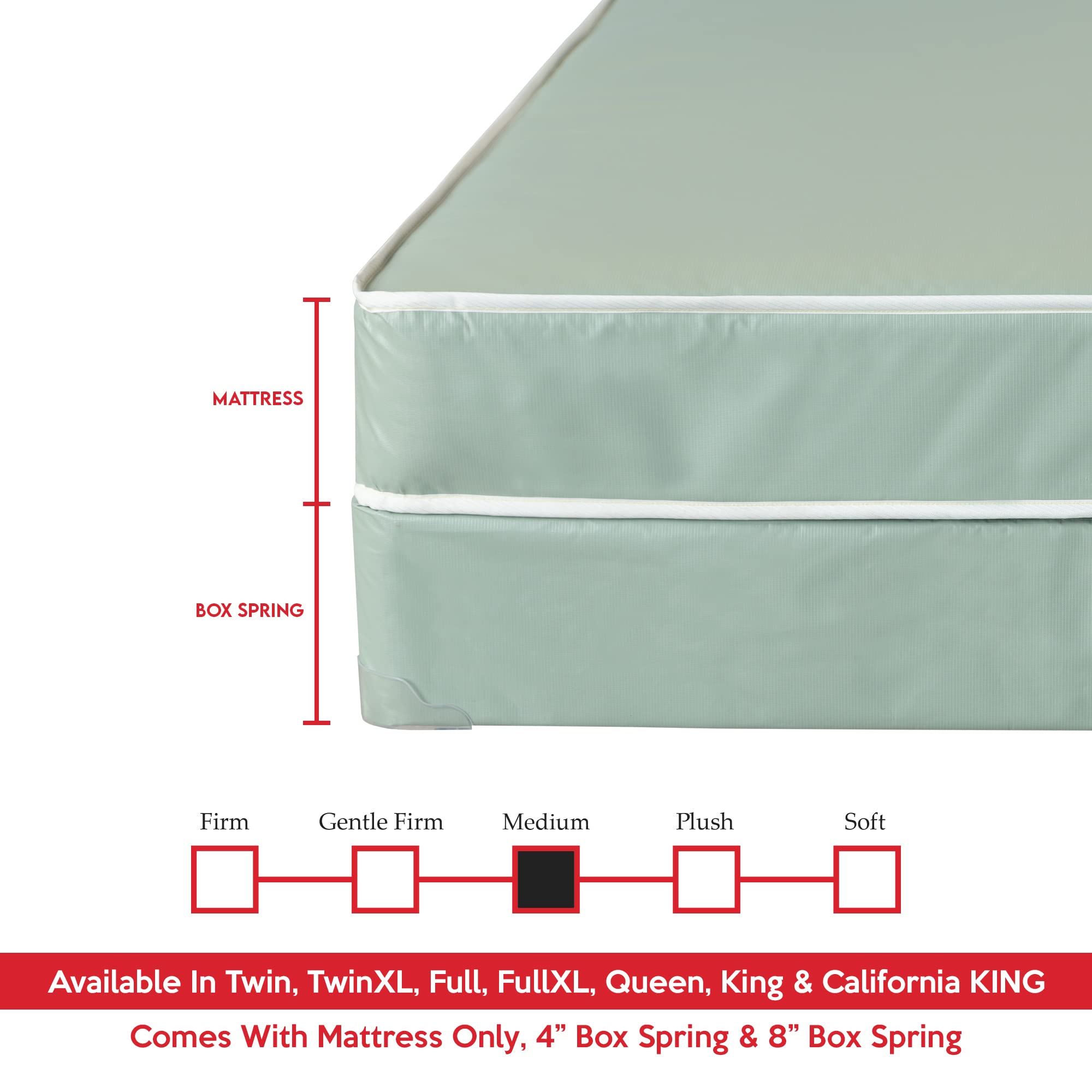 Greaton, 9-Inch Medium Firm Water-Resistance Vinyl Innerspring Mattress & 4” Wood Box Spring Set, Experience Superior Support and Comfort with Clean and Safe Sleep, Full XL, Green