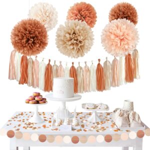 aobkiat boho wedding decorations set,28 pcs dusty brown tissue paper pom poms,circle dots garland paper tassels hanging backdrop for baby shower,birthday,bridal showers,fall party supplies