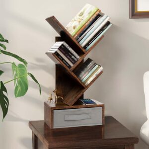 3 Tier Tree Bookshelf with Drawer, 23" H x 11.8" L x 6.7" W, Small Tree Tabletop Bookcase, Table Top Book Shelf for Living Room, Bedroom, Home Office, Rustic Brown