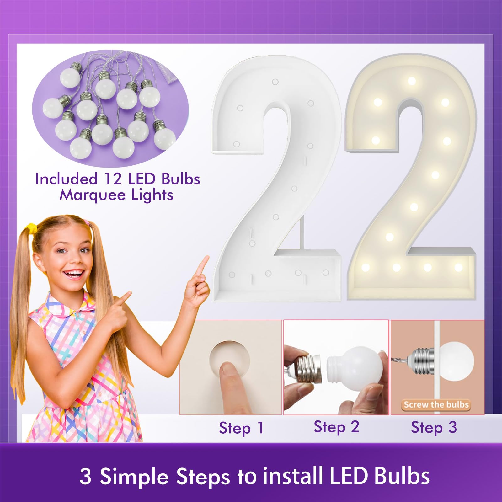 4FT Marquee Light Up Number Pre-Cut Frame Giant Marquee Numbers 2, Mosaic Numbers for Balloons, 30th 13th Birthday Decorations 2023 Graduation Decorations, Balloon Arch Kit